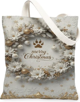 Generic Christmas Floral Canvas Tote Bags, Vintage Wreath Design Reusable Grocery Bags, Elegant Lightweight Washable Canvas for Tra, White, 13x15 Inch