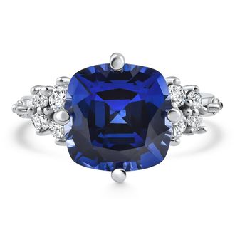 Pompeii3 8Ct TW Cushion Blue Sapphire & Diamond Muse Ring 14k White Gold Lab Grown