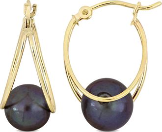 Mimi & Max 8-8.5mm Cultured Freshwater Black Pearl Drop Hoop Earrings in 10k Yellow Gold