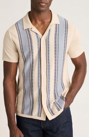 Bonobos Hudson Cabana Stripe Short Sleeve Cotton Button-Up Sweater in Linen Beige + Blue Diamonds at Nordstrom, Size Large