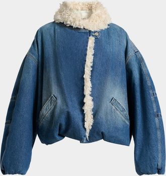 Isabel Marant Charone Short Denim Jacket with Faux Fur Trim