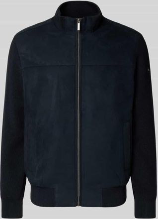 Bugatti Strickjacke mit Velourfront und Stehkragen in Marine, Größe XXXXL