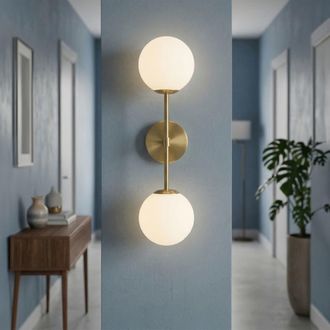 Mauro Ferretti Aplique de metal dorado con 2 bolas de vidrio blanco cm 15x21x55