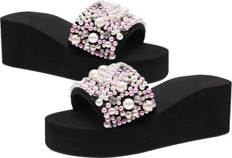 Generic WomenS Pink Pearl Embellished Summer Wedge Slippers for Women, 6Cm Thick Platform Anti-Slip Beach Sandals, Outdoor Wear Size 39