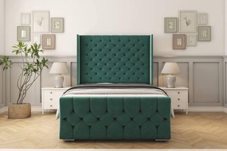 Sloomy Luthor Plush Frame-Mattress - 50 Upholstered Wingback Headboard in Emerald | Size: Small Double