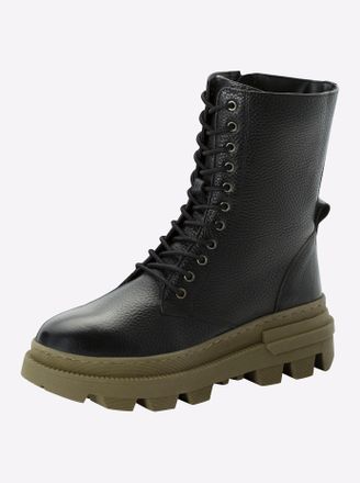 Sheego Schn&uuml;rstiefelette SHEEGO, Damen, Gr. 37, schwarz, khaki, Glattleder, Leder, Schuhe Schn&uuml;rstiefelette