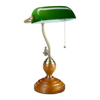 Relaxdays L&aacute;mpara Banquero, Interruptor De Cadena, Tulipa Inclinable, Base Madera, Vintage, Rosca E27, Luz Mesa, Verde - Relaxdays
