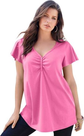 Roaman's Plus Size Cotton Ultimate Flutter Sleeve Sweetheart Tee in Vintage Rose at Nordstrom, Size 16
