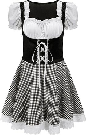 Generic Womens German Traditional Dirndl Oktoberfest Outfit Puff Short Sleeve Beer Girl Bavarian Costume Halloween Fancy Dress with Apron for Ladies