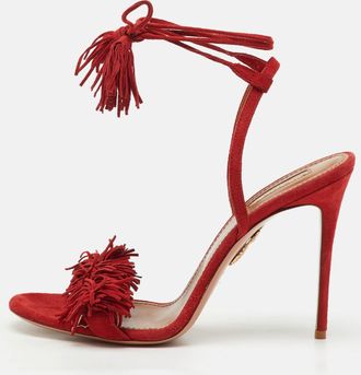 Aquazzura Red Suede Wild Thing Fringe Ankle Wrap Sandals