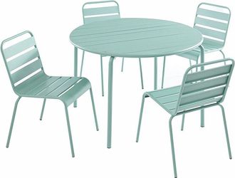 Vente-Unique Mesa y sillas de jard&iacute;n de metal - Mesa D.110 cm y 4 sillas apilables - Verde almendra - MIRMANDE
