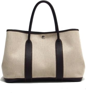 Herm&egrave;s Garden Beige Dark Brown Toile H Leather Handbag Tote Bag (Pre-Owned)