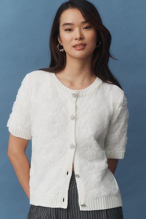 Maeve Short-Sleeve Floral Embellished Cardigan Sweater