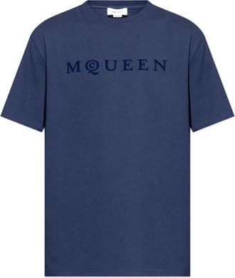 Alexander McQueen T-shirt met een fluweel-afgewerkt logo - Heren - T-shirts - Blauw - M - Katoen - Tops