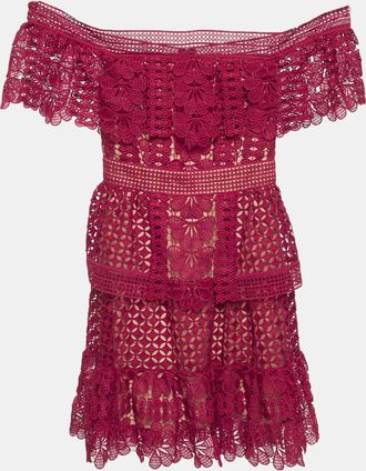 Self Portrait Burgundy Guipure Lace Off Shoulder Mini Dress