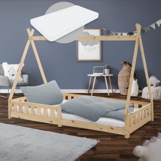 ML Design Ml-design - Cama Infantil Tipi Natural Con Colch&oacute;n De Espuma Fr&iacute;a 90x200 Cm Protecci&oacute;n Antica&iacute;da Somier Estructura Listones De Madera Maciza De Pino P
