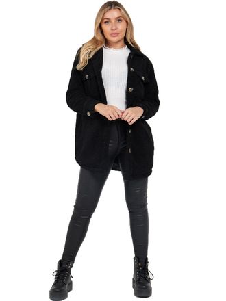 SS7 Womens Borg Shirt Jacket Fleece Shaket Black