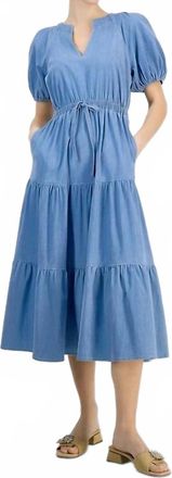 Anne Klein Split-Neck Puff-Sleeve Dress In Blue