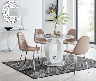 Furniturebox Giovani Round 4 Seat 100cm White High Gloss Halo Base Grey Glass Top Dining Table 4 Soft Faux Leather Silver Leg Corona Chairs in Beige