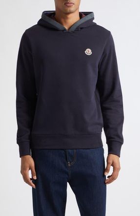 Moncler Logo Patch Brushed Cotton Hoodie in Navy Blue at Nordstrom, Size Xx-Large