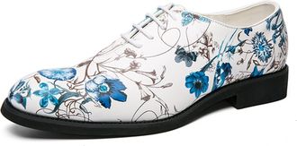 Generic Oxford Formal Shoes For Men Lace Up Round Toe Blue Flower Vegan Leather Anti-slip Rubber Sole Low Top Non Slip Block Heel Party (Color : Colorful, Siz