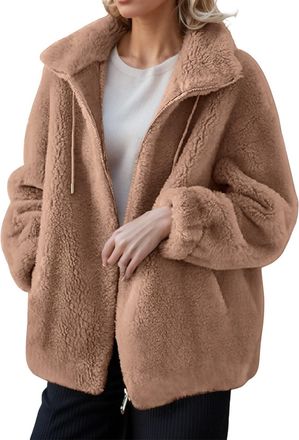 Generic Womens Teddy Fleece Jackets, Womens Teddy Fleece Jacket Full Zip Stand-Up Collar Coat Soft Fluffy Sherpa Winter Warm Jackets Long Sleeve Loose Fit Dre