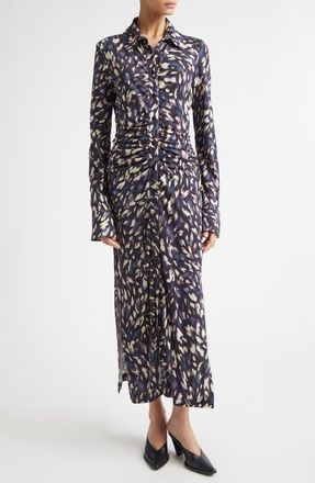 Altuzarra Claudia Print Ruched Long Sleeve Jersey Shirtdress in Black Animal at Nordstrom, Size 10 Us