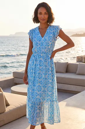 DUSK Womens Tile Shimmer Frill Maxi Dress - Blue - Size 12 UK