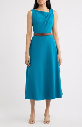 Anne Klein Pleated Asymmetric Belted Dress in Teal at Nordstrom, Size 12