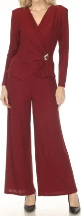 Joseph Ribkoff Shimmery Faux Wrap Wide Leg Jumpsuit In Deep Cherry