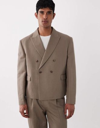 Asos Blazer da abito doppiopetto squadrato in misto lino marrone