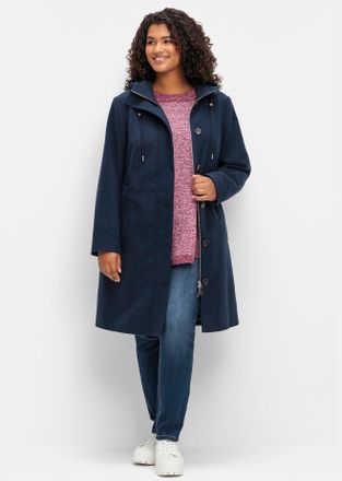 Sheego Kurzmantel SHEEGO, Damen, Gr. 40, blau (nachtblau), 70% Polyester, 27% Viskose, 3% Elasthan, unifarben, unifarben mit Farbeinsatz, unifarben mit Farbe