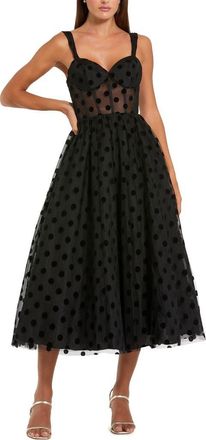 Mac Duggal Petite Polka Dot Net Bustier A-Line Midi Dress in Black at Nordstrom, Size 14P