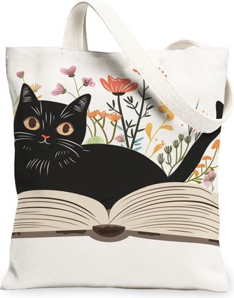Generic Floral Cat Canvas Tote Bag, Vintage Botanical Pattern Reusable Grocery Bags, Lightweight Washable Shoulder Strap Canvas Bag, Black, 13x15 Inch