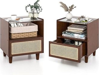 Costway Costway - Set De 2 Mesitas De Noche De Rat&aacute;n, 2 Estantes Y 1 Caj&oacute;n, Mesa Auxiliar Boho Con Caj&oacute;n Y Patas De Madera Maciza, Mesitas De Noche Dormitorio