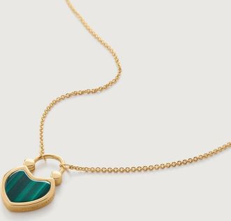 Monica Vinader Gold Heart Gemstone Padlock Fine Chain Necklace 41-46cm/16-18 Malachite