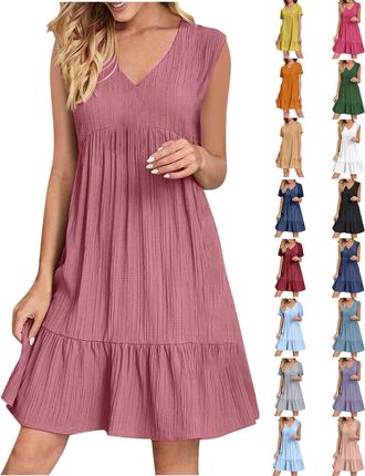 Generic Bargains of The Day Sale Summer Dress for Women UK 2025 Fashion Boho Sleeveless V Neck Mini Dresses Casual Flowy Ruffle A-Line Swing Sundress Plus Siz