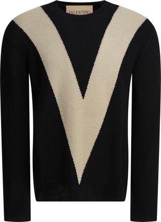 Valentino Mens Wool Sweater With Inlaid V - Black - Size Medium