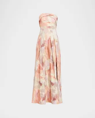 Aidan Mattox Pleated Strapless Metallic Jacquard Gown