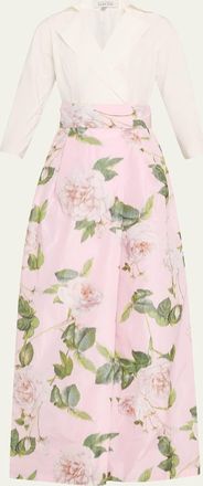 Teri Jon Floral-Print Faille Taffeta Shirt Gown