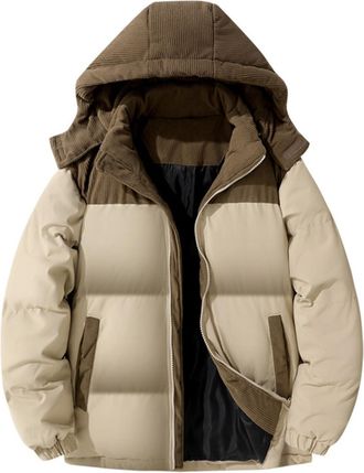 Generic Mens Winter Corduroy Patchwork Puffer Jacket Hooded Thick Warm Casual Loose Oversize Parka Coat (Khaki,XL)