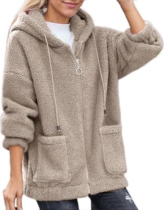 Generic Sherpa Jacket for Women UK Fuzzy Fleece Teddy Jacket Hoodies with Pockets Zip Up Hoodie Ladies Winter Warm Hooded Oversized Cardigan Solid Lightweight