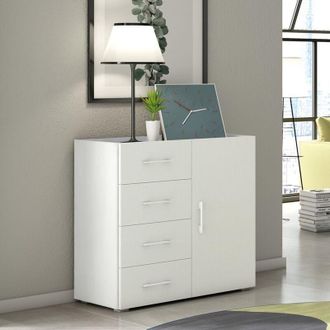 Terraneo Mueble De 4 Cajones Y Puerta Con Gu&iacute;as Met&aacute;licas, Tapa Contenedor, Tapa De Hormig&oacute;n Blanco