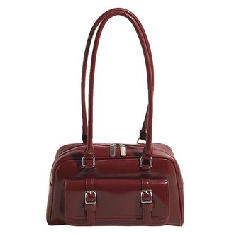 Generic Boston Tote Bag for Women with Multi-Pockets Bowling Bag PU Leather Solid Color Underarm Bag Zipper Handbag for Work Travel (Red)