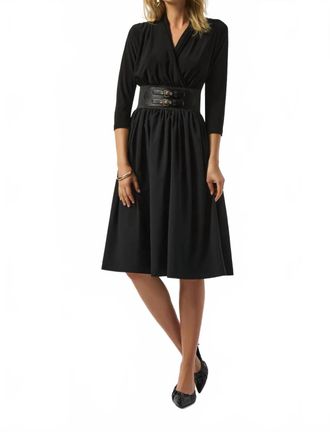 Joseph Ribkoff Faux Wrap Belted 3/4 Sleeve Midi Fit And Flare Dress In Black