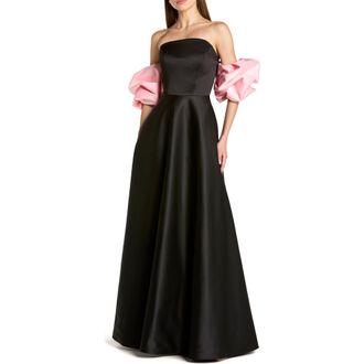 Mac Duggal Satin Off The Shoulder Puff Sleeve Ball Gown in Black Pink at Nordstrom, Size 16