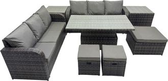 Fimous Rattan Garden Furniture Dining Set 9-seater Patio Height Adjustable Rising Lifting Table Sofa Set with 2 Side Table 3 Footstools Dark Grey Mixed