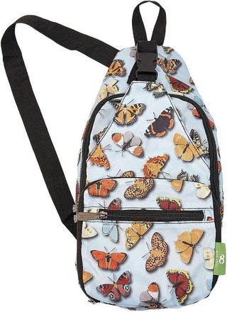 Eco Chic Lightweight Foldable Crossbody Bag Recycled Plastic Shoulder Backpack Folds Into Pouch for Storage (Wild Butterflies Blue)