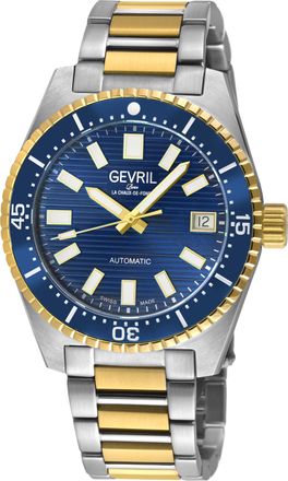 Gevril Group Mens Atlantic Avenue 316L Stainless Steel Case, Dark Blue Ceramic Bezel, Embossed Dial, Two toned SS/IPYG Bracelet. - Silver & Gold - One Size