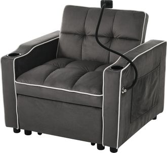STILVORA Sill&oacute;n Cama Individual 3 En 1 Con Portavasos Y Soporte Para M&oacute;vil, Reclinable Y Extra&iacute;ble, De Terciopelo Gris